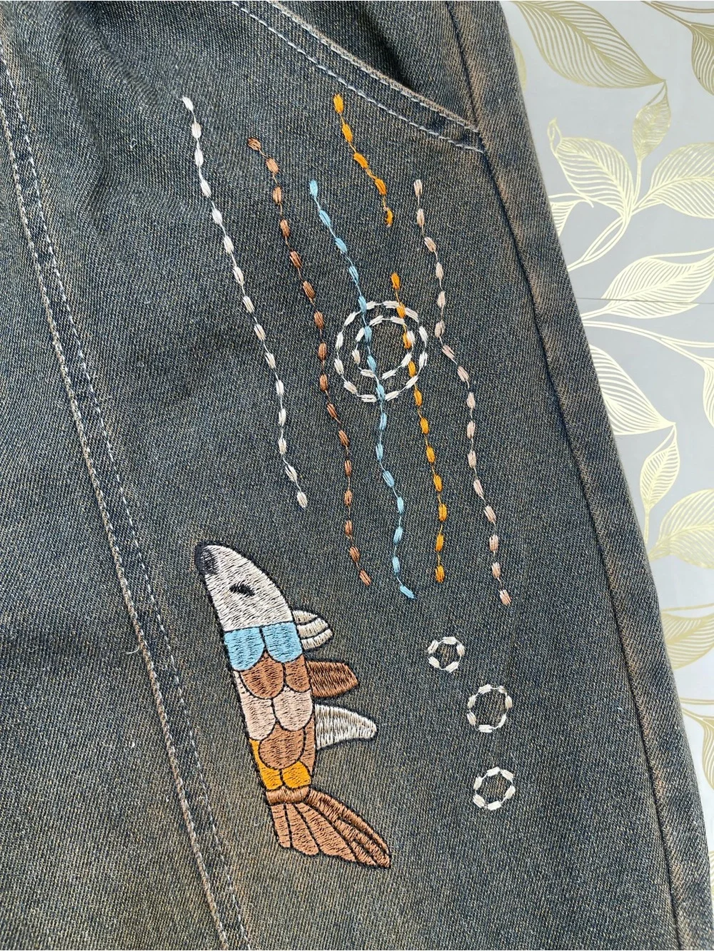 Bohemian Cat Fish Embroidery Linen Jogger Pants Antique Brown Small S